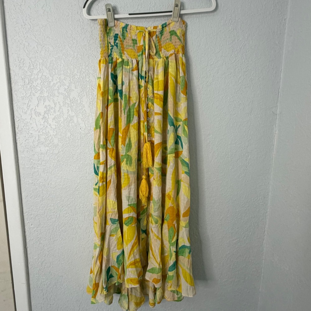 Rachel Rachel Roy Womens Yellow Tropical Leaf Smocked Maxi Skirt‎ Large Tassels